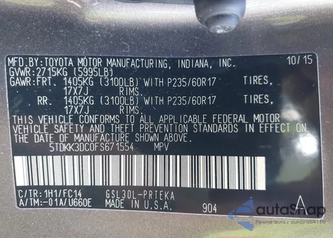 2015 Toyota Sienna Le 8 Passenger z USA, uszkodzony, nr VIN 5TDKK3DC0FS671554